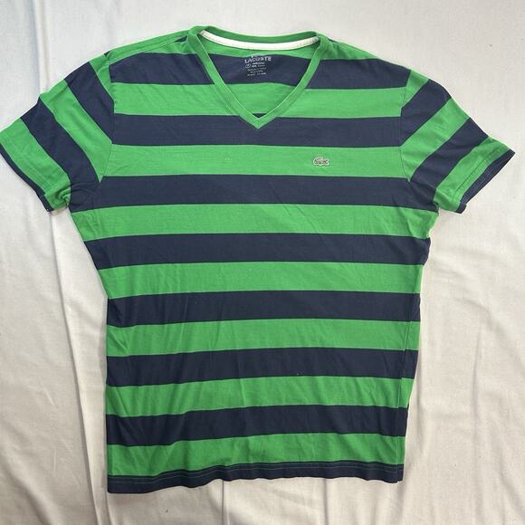 Lacoste V-Neck T-Shirt Yellow Men’s Size 7 XL Logo Croc Cotton Tee Green & Blue - Picture 1 of 8